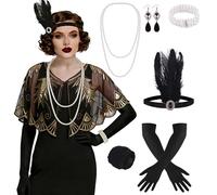 ELECLAND 10 Pieces 1920s Flapper Great Gatsby Accessories Set Fashion Roaring 20's Theme Set with Headband Headpiece Long Black Gloves Necklace Earrings for Women (Black Gold (Style 6))