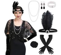 ELECLAND 10 Pieces 1920s Flapper Great Gatsby Accessories Set Fashion Roaring 20's Theme Set with Headband Headpiece Long Black Gloves Necklace Earrings for Women (Black (Style 8))