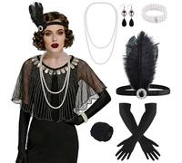 ELECLAND 10 Pieces 1920s Flapper Great Gatsby Accessories Set Fashion Roaring 20's Theme Set with Headband Headpiece Long Black Gloves Necklace Earrings for Women (Black Gold (Style 7))