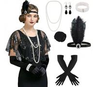 ELECLAND 10 Pieces 1920s Flapper Great Gatsby Accessories Set Fashion Roaring 20's Theme Set with Headband Headpiece Long Black Gloves Necklace Earrings for Women (Black (Style 9))