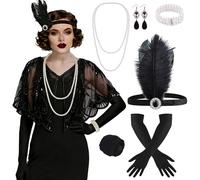 ELECLAND 10 Pieces 1920s Flapper Great Gatsby Accessories Set Fashion Roaring 20's Theme Set with Headband Headpiece Long Black Gloves Necklace Earrings for Women (Black (Style 6))