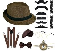 ELECLAND 10 Pieces 1920s Men Costume Accessories Set Roaring Retro Gangster Costume, Hat, Bow Tie, Pocket Watch, Suspender, Glasses, Beard, Armband Garters, Pocket Watch(Brown)