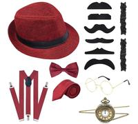 ELECLAND 10 Pieces 1920s Men Costume Accessories Set Roaring Retro Gangster Costume, Hat, Bow Tie, Pocket Watch, Suspender, Glasses, Beard, Armband Garters, Pocket Watch
