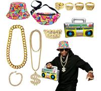 ELECLAND 12 Pcs 80s 90s Hip Hop Costume Accessories Set Retro Bucket Hat Fanny Pack Gold Chain Rings Bracelet Sunglasses Diamond grillz Inflatable Boombox for Costume Halloween Themed Party