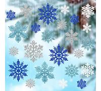 ELECLAND 45 Pcs Glitter Snowflakes Ornament for Christmas Winter Decorations, Hanging Plastic Snowflake for Window Door Christmas Tree, Blue and White