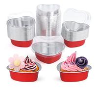 ELECLAND 50Set Red Heart Cake Pans 100ml Aluminum Foil Heart Shaped Cake Pan with Lids Dessert Baking Cup Liners Cupcake Containers for Valentines Wedding Christmas Birthday Mother's Day Party Decor