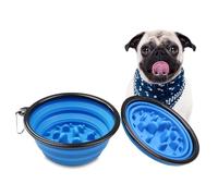 Elecpioneev Collapsible Dog Bowl with Slow Feeder Portable Travel Pet Bowl with Carabiner Lightweight and Foldable for Dogs and Cats, Ideal for Outdoor Adventures (12oz Blue+Black 2PCS)