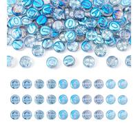 Elecrelive 100Pcs Flat Round Letter Beads 10mm Vowel Letter A E I O U Sky Blue Glass Alphabet Beads for Jewelry Making Bracelets Necklaces Keychains Crafts