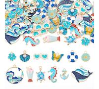 Elecrelive 48Pcs Ocean Theme Alloy Enamel Pendants Summer Beach Charms Whale Shell Sunflower Butterfly Sea Animal Pendants for Bracelet Necklace Keychain Jewelry Accessories