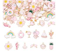 Elecrelive 48Pcs Summer Theme Enamel Charms Pink Beach Pendants Shell Flower Rainbow Ice Cream Dangle Charms for DIY Necklace Bracelet Earring Keychain Craft