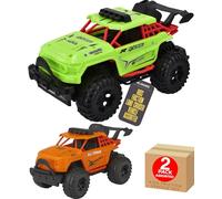 Electoys All-Terrain Toy Truck for Kids Friction Powered Push Vehicle Robust Plastic Off Road Car Green and Orange for Indoor Outdoor Play Small Size for - 2 Pack