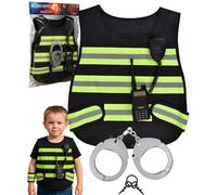 Electoys Childrens Police Dress Up Set Black SWAT Costume Vest Reflective Stripes Toy Radio Handcuffs Imaginative Play Fancy Dress Outfit for Kids Aged 6 Years and Older