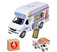 Electoys Die-Cast Ice Cream Van Toy Vehicle for Children Imaginative Play with Opening Doors Pull-Back Action Collectible Traditional Model White Colourful Decals Small Kids 4 Pack