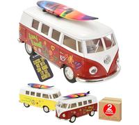 Electoys Die-Cast Model Toy Vehicle 1:32 Scale Classic 1962 Van Bus with Surfboard Red White Collectible Pull Back Action Vintage Peace Love Flowers Graphics Openable Doors Metal Body for *2 Pack*