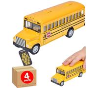 Electoys Die-Cast School Bus Toy Vehicle Bright Yellow Pull-Back Action with Openable Doors Metal Collectible Model for Kids and Collectors Indoor Play Small Handheld Educational Mini Bus 4 Pack