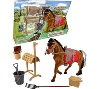 Electoys Equestrian Playset for Children Flocked Brown Toy Horse with Red Saddle Blanket Black Mane and Grooming Accessories Imaginative Horse Care Role Play Set for Animal Lovers
