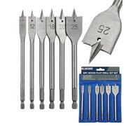 Electoys Flat Wood Bit Set 6Pcs - Heavy Duty Carbon Steel Spade Drill Bits for Power Drills - Sizes 10mm to 25mm - Quick Change Hex Shank - Handy Vinyl Storage Pouch - DIY Woodworking Tool