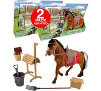 Electoys Flocked Horse Set Toy Brown Black Mane Red Saddle Equestrian Playset Kids Stable Accessories Medium Size Soft Textured Model Figure Imaginative Riding Fun 2 Pack