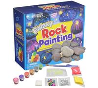 Electoys Galaxy Rock Painting Kit for Children - Arts and Crafts Set with Palm-Sized Natural Stones Bright Paints Glitter Sequins Brushes Sponge and Modelling Clay Ideal for Creative Play