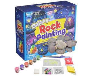 Electoys Galaxy Rock Painting Kit for Children - Arts and Crafts Set with Palm-Sized Natural Stones Bright Paints Glitter Sequins Brushes Sponge and Modelling Clay Ideal for Creative Play
