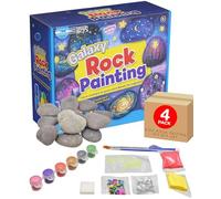 Electoys Galaxy Rock Painting Kit for Kids with Smooth Stones Bright Galaxy Paints Modelling Clay Glitter Sequins Glow in The Dark Stars Creative Arts Crafts Set Outdoor Indoor Activity 4 Pack