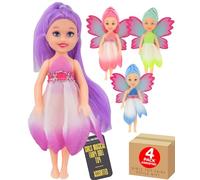 Electoys Magical Fairy Dolls Small Colourful Assortment for Children Imaginative Play Miniature Dolls Flower Petal Dresses Bright Hair Collectable Fantasy Toys for Girls 4 Pack