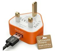 Electoys Single USB Plug UK - 5V 1A Fast Charger - Compatible with iPhone, Samsung, Redmi, Huawei, HTC, LG - Orange 3 Pin Plug