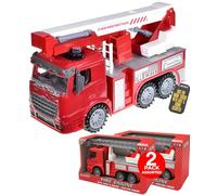 Electoys Toy Fire Engine Vehicle for Children with Extending Ladder Light and Sound Effects Friction Powered Medium 1:14 Scale Red Plastic Educational Imaginative Play Truck Set for Kids - 2 Pack