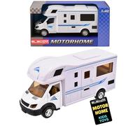 Electoys Toy Motorhome Model 1:40 Scale Die-Cast Pull Back Vehicle with Opening Doors for Kids White with Blue Stripes Realistic Caravan Camper Miniature Toy for Vehicle Play and Role Play