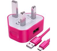 Electoys USB Plug Micro USB Cable | MicroUSB Wall Charger Charging Adapter 3-Pin UK | Fast Charge - Compatible with Samsung S7 S6 Edge Note 4 Note 5 Redmi Huawei | 1000mAh power | 2m Cable - Hot Pink