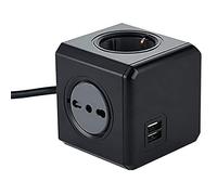 Electraline 62099 Powercube 4 Way Multisocket with 2 USB 2.1A, 2 Schuko + Italian Plug, 2 Bivalenti 10/16 Italian, Black, 1.5 m Cable