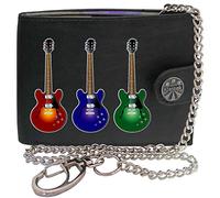 Electric 3 Guitars Rock Music Musical KLASSEK Mens Wallet with Chain Real Leather RFID Blocking with Coin Pocket and Metal Gift Box