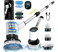 Electric Bathroom Scrubbing Brush - Electric Scrubber for Cleaning with 8 Replaceable Heads - IPX7 Full-Body Waterproof Tub Scrubber with Long Handle - Electric Brush Cleaner for Bathroom