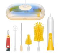 Electric Bottle Brush Cleaner, BlumWay Portable Travel Baby Bottle Brushes for Cleaning Silicone Bottle Brush Bottle Drying Rack Electric Bottle Cleaner Set with Nipple & Straw Brush(Yellow)