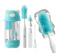 Electric Bottle Brush Cleaner Set, Bear-Shaped Travel Baby Bottle Cleaner Kit with Silicone Nipple & Straw Brush, Soap Dispenser, Drainage Rack, Storage Box(Blue)