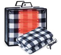 Electric Car Blanket 12V 58 x 43 Inch Travel Heated Fleece Blanket with Temperature Controller, USB Charger Car Outlet Adapter for Car, Cold Weather Tailgating and Emergency Kit (Black White Plaid)