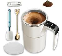 Electric Coffee Mug with A Built-in LCD Thermometer, Perfect for Brewing Coffee, Milk, Cocoa, Etc, Rechargeable Automatic Magnetic Stirring Coffee Cup, with Lid, 304 Stainless Steel Material (White)