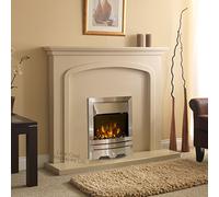 Electric Cream Beige Stone Effect Silver Flame Fire Wall Surround LED Fireplace Suite Large Big 54"