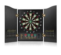 Electric Dartboard Set with Cabinet, Automatic Scoring Dart Board - Wooden Doors, LED Display, 12 Darts, 88 Soft Tips - 27 Games, up to 16 Players