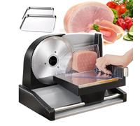 Electric Deli Slicer, 200W Meat Slicer with 19cm Stainless Steel Blade, Thickness Adjustment 1-1.5cm, Removable Blade for Easy Cleaning, Includes Pusher and 2 Trays