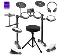 Electric Drum Kit with Quiet Mesh Pads, Set with Type-C Charging, USB MIDI, Quiet Mesh Drums, Premium Cymbals, Pedals, Adjustable Throne, Headphones, Sticks & Velcro for Beginner
