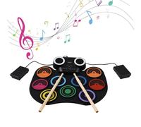 Electric Drum with Built-in Dual Speakers, 10 Levels Volume Control, 7 Drum Tones, 10 Demo Songs, 7 Rhythms, Type C USB & MP3 Jack, 1200mAh Battery, Pedals, Sticks, Charging & Cables