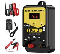 Electric Fence Energiser Kit 12V 2J- Connectors - 10Km Range, IPX5 Waterproof with LED Display, Weatherproof, Fencing Energizer for Horses, Pet and Animals
