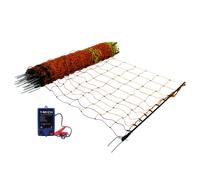 Electric Fence Energiser & Poultry Netting 50m Roll Fencing Battery Powered Controller 10KM Range Chicken Hen Turkey Net Mesh 11 Wires 120cm High 14 Double Spikes Repair Kit Ground Spikes Earth Stake 