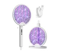 Electric Fly Swatter Racket, 4000V Foldable Electric Zapper, Rechargeable Fly Swatter Racket with Charging Stand Base, Mosquito Zapper with 3-Layer Safety Mesh, Large Surface for Indoor and Outdoor