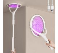 Electric Fly Swatter Racket, Electric Fly Zapper with Rotating Head USB Rechargeable fly Killer Bug Zapper Racket E-lectric Mosquito Swatter fly Killer fly Catcher with Charging Base (White-Round)