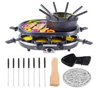 Electric Fondue Pot Set, 1300ML Fondue Pot with Grill Plate, 8 Color-Coded Forks, 8 Non-Stick Pans, Adjustable Thermostat Fondue Grill Combo for Chocolate, Cheese, Grilling for 8 People Parties