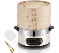 Electric Food Steamer with 2-Tier Bamboo Steamer, Multi-Steam Cooking Pan, 60 Min Timer, Auto Shut-Off for Cooking Vegetables,
