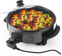 Electric Frying Pan 42CM with Lid, 1500W Non-Stick Skillet with 5-Level Temp Control, Deep Hot Pot for Parties, Grilling and Boiling, Glass Cover, Detachable Cord, Black(9 Cm Deep)
