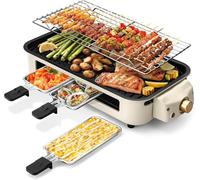 Electric Grill 1500W, 2 in 1 Smokeless Indoor Grills with Non-stick Removable Grill & Griddle Plate, Temperature Control, 3 Cheese Pots (Beige)